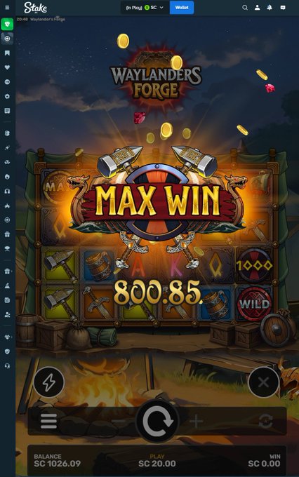 A screenshot of an online slot game called 'Waylander's Forge' on the Stake platform, displaying a 'MAX WIN' of SC 800.85 with a balance of SC 1026.09.