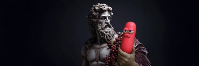 A marble statue of a Greek-style bearded god holding red grapes and a red cartoon pill character with eyes, set against a dark background.
