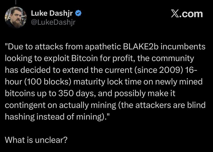 A tweet from Luke Dashjr (@LukeDashjr) discussing extending Bitcoin's maturity lock time to 350 days in response to attacks from BLAKE2b incumbents.