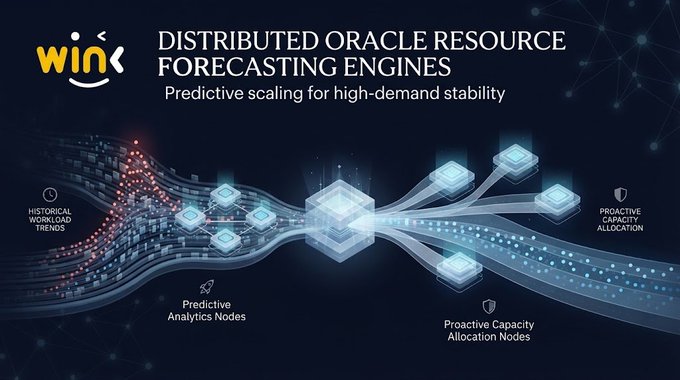 A corporate technology graphic titled 'DISTRIBUTED ORACLE RESOURCE FORECASTING ENGINES' with the subtitle 'Predictive scaling for high-demand stability,' featuring a glowing network visualization with labels for 'Historical Workload Trends,' 'Predictive Analytics Nodes,' 'Proactive Capacity Allocation Nodes,' and 'Proactive Capacity Allocation,' along with the 'wink' Oracle logo.