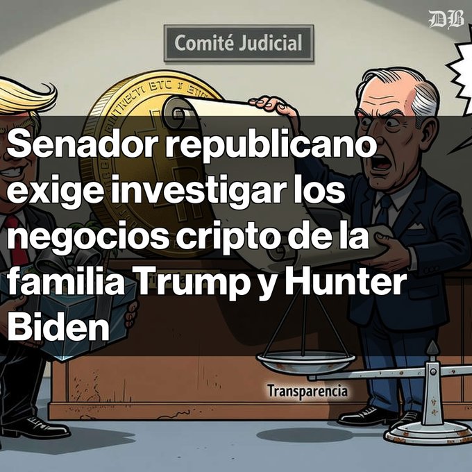 A political cartoon showing an angry Trump figure with a Bitcoin, labeled 'Comité Judicial' at the top, with Spanish text reading 'Senador republicano exige investigar los negocios cripto de la familia Trump y Hunter Biden' and 'Transparencia' at the bottom.