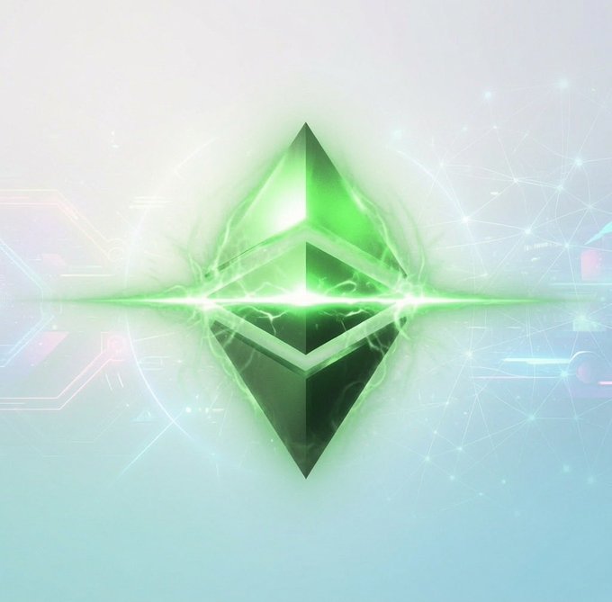 A digital artwork featuring a glowing green Ethereum-style diamond logo emitting bright light beams against a soft pastel background with subtle network/circuit patterns.
