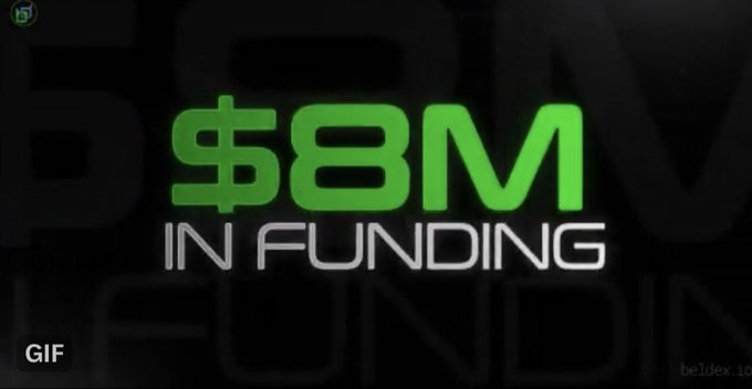 Animated graphic in green and white text reading '$8M IN FUNDING' with a 'bellalex.io' watermark and a 'GIF' tag in the corner.