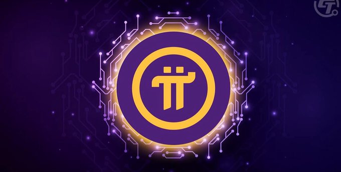 A Pi cryptocurrency logo displayed as a gold coin on a purple digital circuit background.
