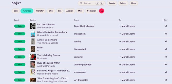 A screenshot of the 'objkt' NFT marketplace showing a transaction history with multiple 'Sale' events for various digital artworks all sold to Muriel Lherm.