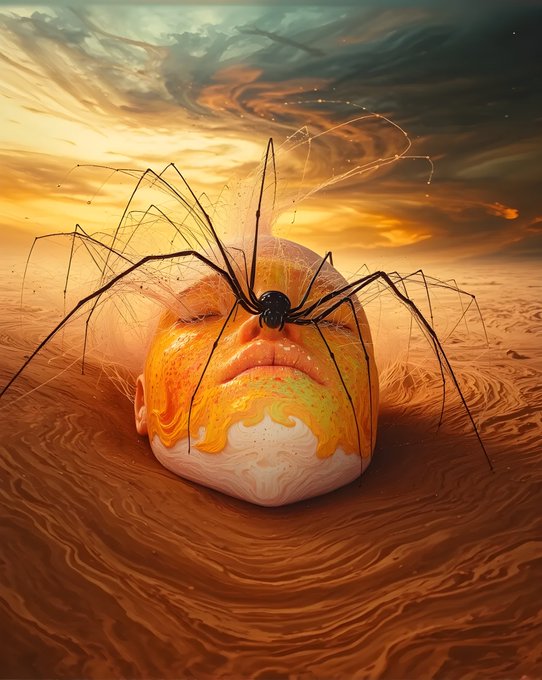 A surreal digital artwork featuring a spider perched atop a partially submerged human head, surrounded by swirling, desert-like sand dunes under a dramatic, stormy sky with hints of golden sunset. The piece evokes a dreamlike, unsettling atmosphere that aligns with the post's theme of surreal art and haunting details, now available as an NFT on @objktcom.