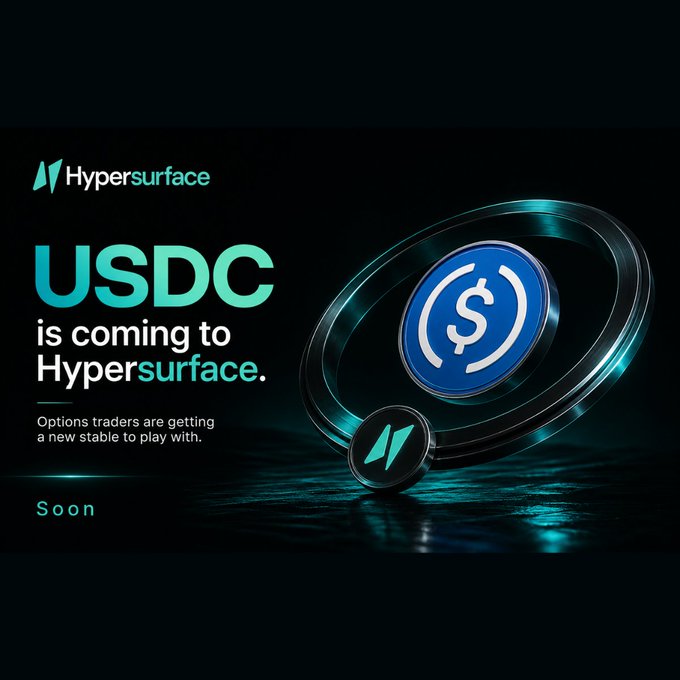 Hypersurface promotional image announcing 'USDC is coming to Hypersurface' with the tagline 'Options traders are getting a new stable to play with' and a 'Soon' indicator.