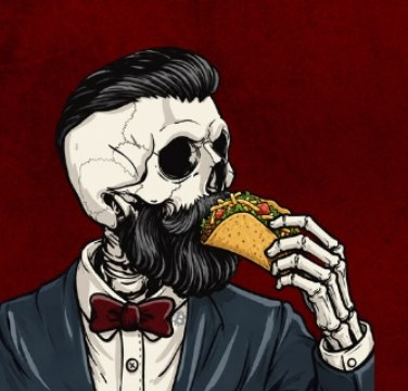 A stylized illustration of a skeleton in a suit with a red bowtie and a dark beard, eating a taco against a red background.