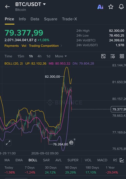 A Binance BTC/USDT trading chart showing a price of 79,377.99 with a 1.08% increase, featuring Bollinger Bands and various time period percentage changes.