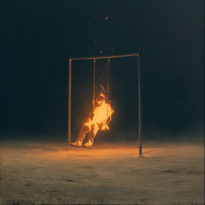A person sits engulfed in flames on a swing set at night, a striking visual metaphor for an "evening to myself" that is intense and solitary.