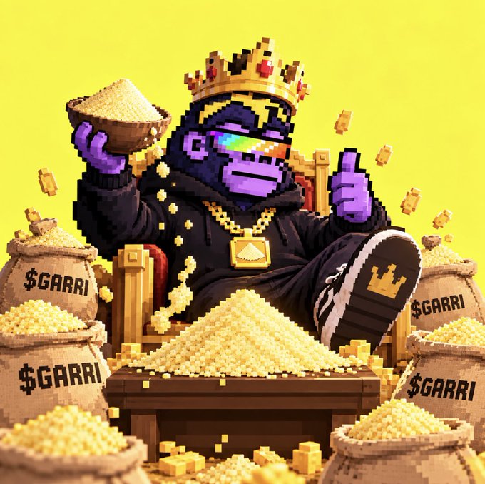 A pixel-art monkey king wearing a gold crown and shades sits on a throne surrounded by sacks labeled "$GARRI" overflowing with grain-like tokens, with gold coins and a large mound of GARRI spilling before him. The image visually celebrates the meme token $GARRI and its "degen king," reflecting the post's praise of the creator's transparency and commitment to rewarding holders and creators.