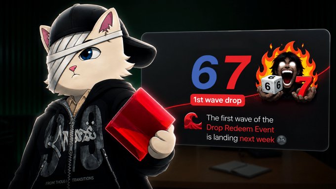 A promotional graphic featuring an anime cat character in a hoodie holding a red cube, alongside a '67' logo and text announcing '1st wave drop' of a 'Drop Redeem Event' next week.