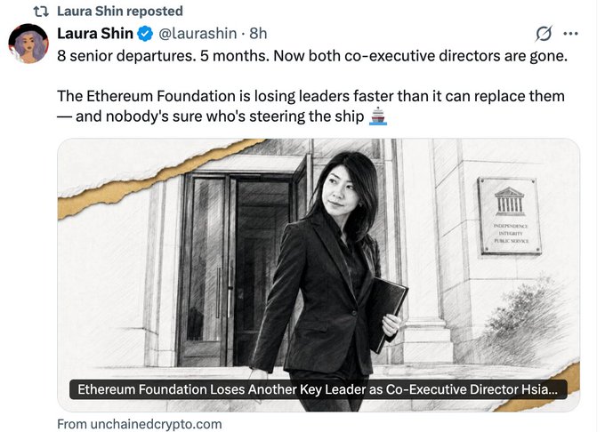 The image is a screenshot from a Twitter feed, showing a profile picture of an Asian woman with dark hair wearing a suit and carrying a book under her arm while walking down a city street or sidewalk area near a building. The image also features text discussing the departure of the Etherium Foundation. This content seems to be related to a conversation about the Etherium Foundation's situation, possibly caused by their key leader being laid off.