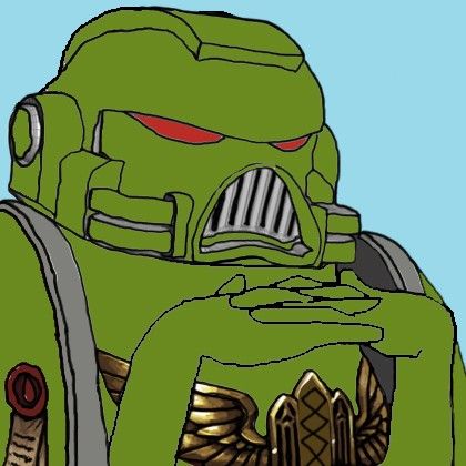 A cartoon-style green armored character with red eyes stands with hands clasped, featuring a gold emblem and a sword hilt at its side.