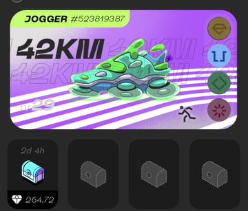 A fitness NFT display showing a green 'JOGGER' shoe with '#523819387', a distance of 42KM, and a value of 264.72.
