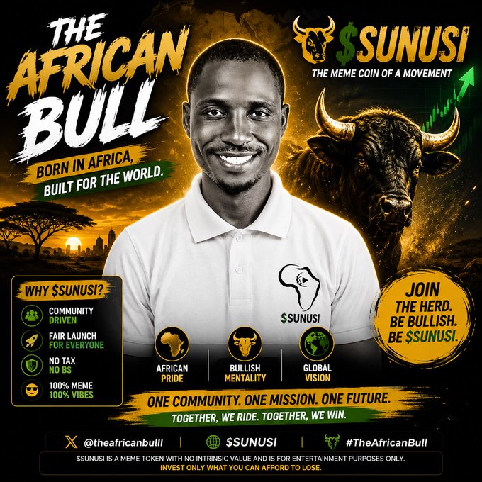 The image is a promotional graphic for the "$SUNUSI" meme coin, featuring a smiling man in a white polo shirt against an African savanna backdrop with a bull, alongside the tagline "THE AFRICAN BULL - BORN IN AFRICA, BUILT FOR THE WORLD." It highlights selling points like "COMMUNITY DRIVEN," "FAIR LAUNCH," "NO TAX," and "100% MEME 100% VIBES," with a call to action reading "JOIN THE HERD. BE BULLISH. BE $SUNUSI." The image ties into the post by promoting community support and bullish sentiment around the $SUNUSI token, visually reinforcing the "YES" option for backing the coin's success.