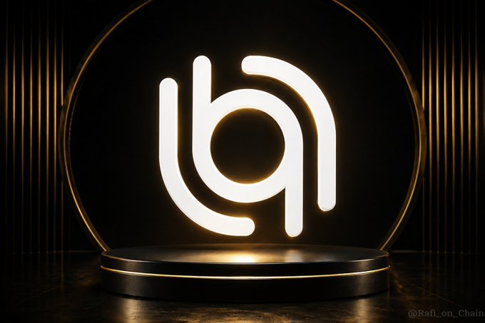 A 3D-rendered glowing logo with the watermark '@Rafi_on_Chain' displayed on a circular pedestal against a dark background with golden vertical accents.