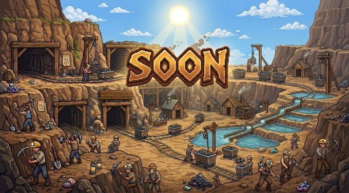 A pixel art illustration of a mining scene with workers, mine shafts, and ore carts under a 'SOON' banner, suggesting an upcoming game or project announcement.
