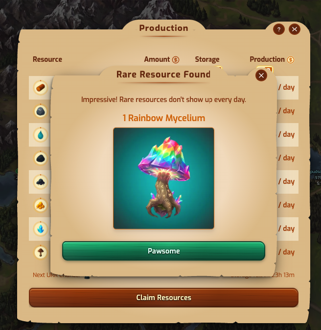 A game UI screenshot showing a 'Rare Resource Found' popup displaying '1 Rainbow Mycelium' as a colorful crystalline mushroom, with a 'Pawsome' button and a 'Claim Resources' button below.