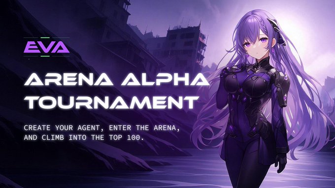 The image features a purple anime character standing against a backdrop of buildings. The text "Eva Arena Alpha Tournament" is displayed at the top of the image, indicating that this is an advertisement or promotional material related to the tournament. The main focus of the image is on the anime character and its surroundings, with no other objects or texts present in the scene.