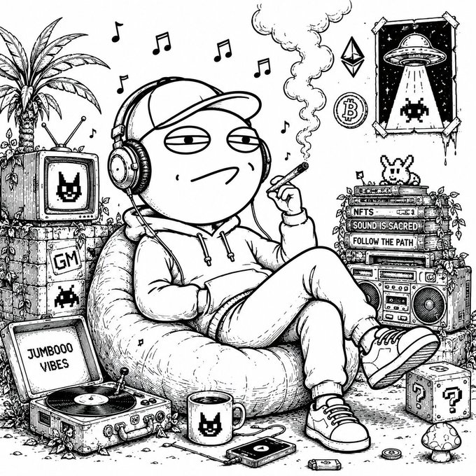 A black-and-white cartoon illustration of a relaxed figure wearing a cap and headphones, surrounded by crypto and music motifs including 'NFTS', 'SOUND IS SACRED', 'FOLLOW THE PATH', 'JUMBOOB VIBES', and 'GM'.