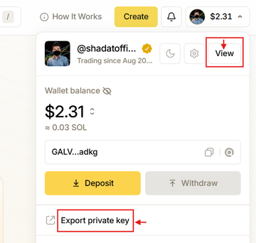 A screenshot of a crypto wallet interface showing a balance of $2.31 (≈0.03 SOL) for user @shadatoffi, with red arrows and boxes highlighting the "View" button and "Export private key" option to guide users on managing their wallet for the TRENCH airdrop.