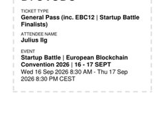 An event ticket stub for 'Startup Battle | European Blockchain Convention 2026', scheduled for September 16-17, 2026, for attendee Julius Ilg.
