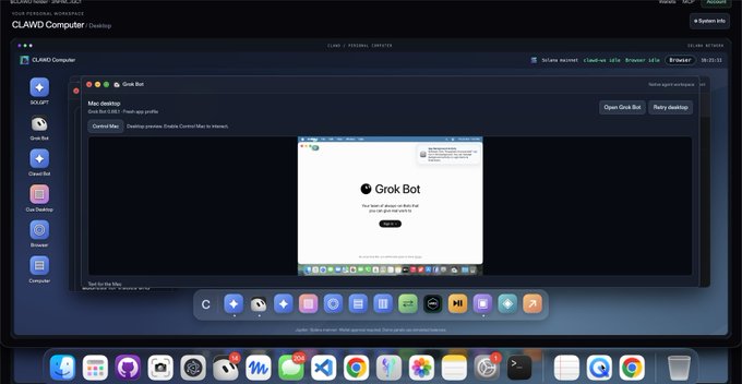 A screenshot of the CLAWD Computer interface showing a Grok Bot desktop in macOS environment.