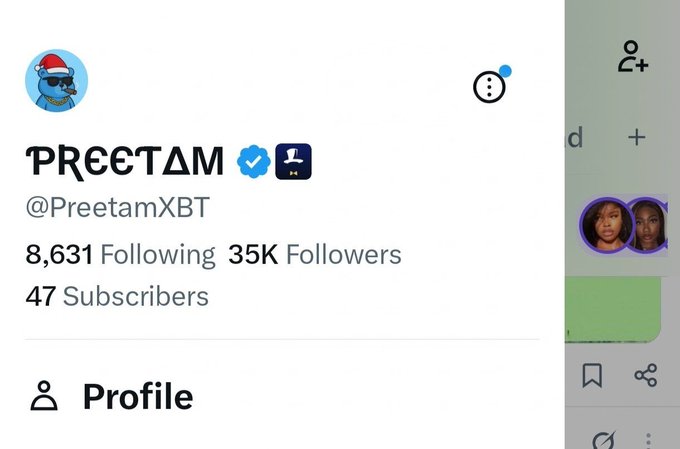 A screenshot of Twitter/X profile for "PREETAM" (@PreetamXBT) wearing a Santa hat and sunglasses avatar, displaying 8,631 Following, 35K Followers, and 47 Subscribers, celebrating the 35k follower milestone referenced in the post.