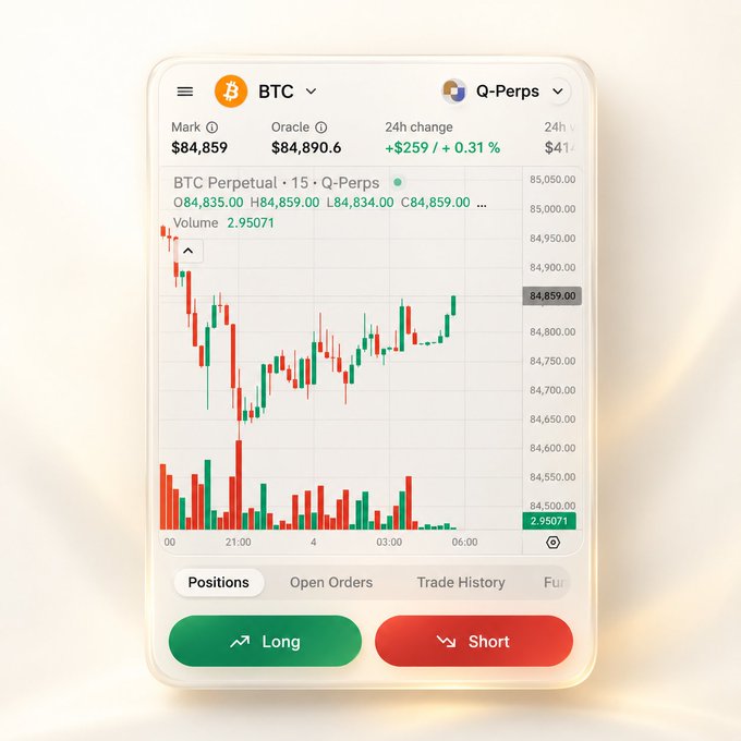 A cryptocurrency trading interface shows BTC Perpetual market data with a price of $84,859 and a candlestick chart.
