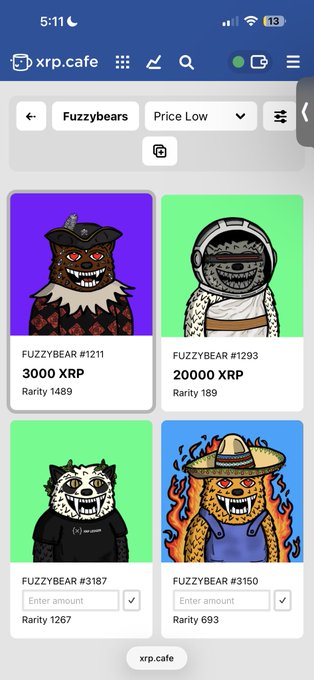 A mobile screenshot of the xrp.cafe marketplace displaying a grid of Fuzzybear NFT listings with prices in XRP and rarity scores.
