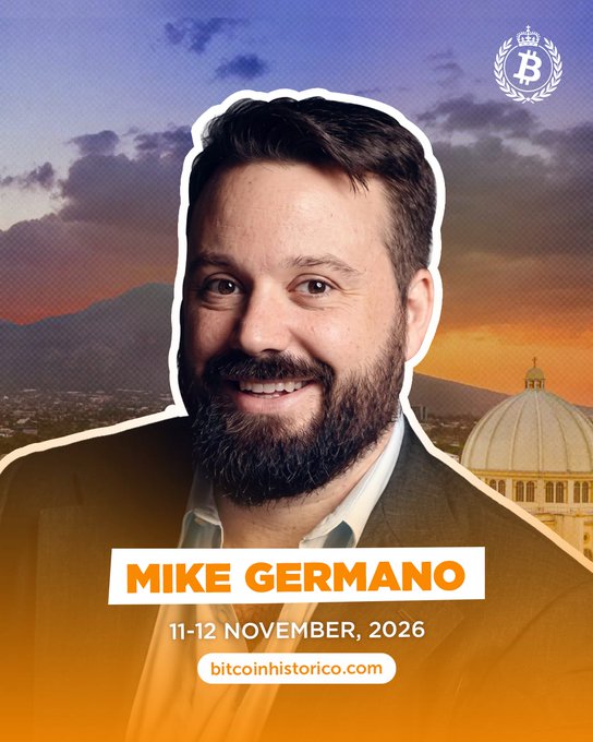 A promotional graphic for a Bitcoin Historico event featuring Mike Germano on November 11-12, 2026, with a Bitcoin crown logo and a sunset cityscape backdrop.