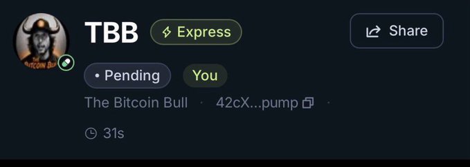 The image shows a pending Jupiter Express submission titled "TBB" (The Bitcoin Bull) with token address 42cX...pump, awaiting verification in 31 seconds. The post relates directly to this screenshot, announcing that the $TBB token's JUP burn has been completed and officially submitted for Express verification at Jupiter Exchange.