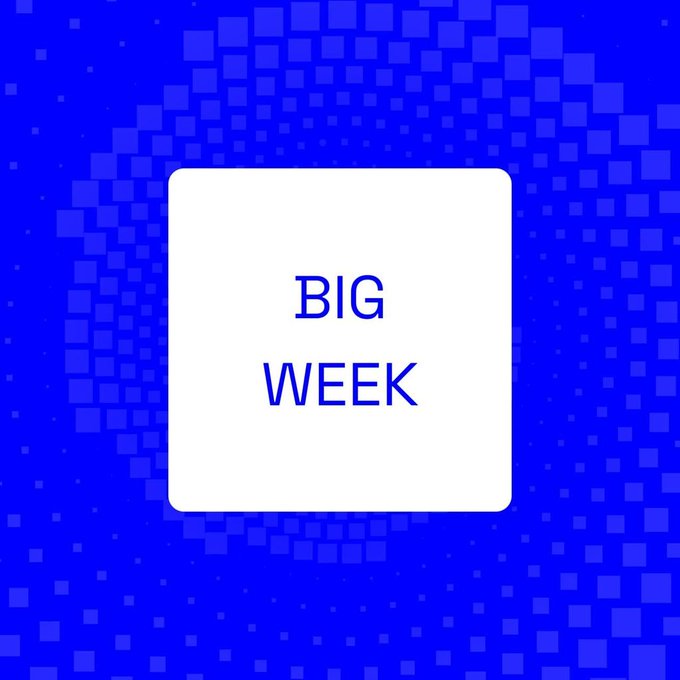 The image features a blue background with white squares, creating an abstract pattern that resembles a spiral or a circular design. In the center of the image, there's a square-shaped sign with the text "Big Week" written in bold black letters. The sign is positioned at the top left corner and has a white border around it. The text "Base $BASE is cooking something big this week" is located below the sign, which is also written in black.