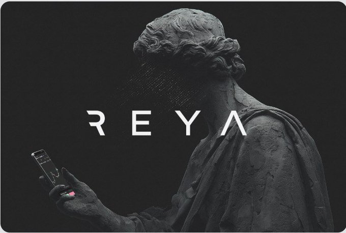 A dark promotional image features the back of a weathered classical statue holding a smartphone, with the text 'REYA' displayed prominently across the center.