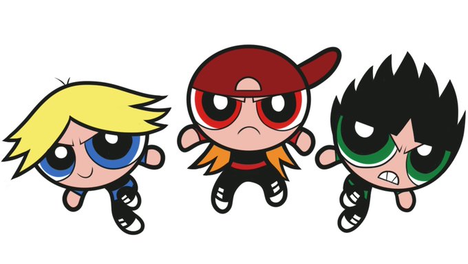 The Powerpuff Girls cartoon characters (Bubbles, Blossom, and Buttercup) shown in a chibi-style action pose against a white background.