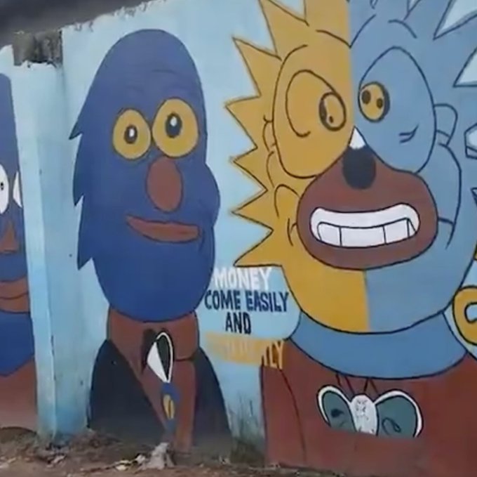Graffiti mural on a wall depicting cartoon-style blue, yellow, and brown characters with text reading 'MONEY COME EASILY AND'.