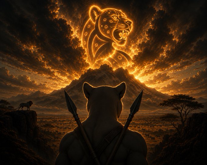 The image features a man with a lion's head as the main focus, surrounded by a mountain landscape under a cloudy sky. The man appears to be holding a spear or bow and arrow, suggesting that he might be a warrior or a skilled archer. The caption "When the sky roars, the rulers return... $HBAR" implies that there is a connection between the image of the lion's head and the post about lions returning to their throne.