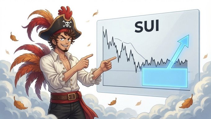 An animated cartoon pirate points enthusiastically to a digital chart displaying an upward arrow and the text "SUI" against a cloudy sky.