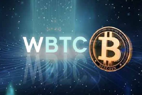 A Bitcoin graphic displaying 'WBTC' text next to a 3D Bitcoin coin against a blue digital background with light rays and binary code.