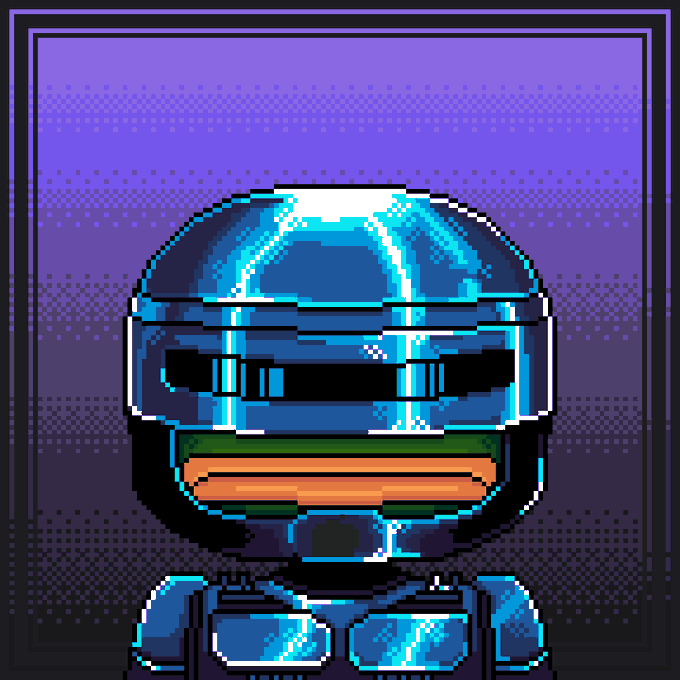 The image features a robot with a blue helmet, standing against a purple background. The robot appears to be facing forward, as if ready for action or adventure. In the corner of the image, there's a caption that reads "One pixelart frog leaves the pond and enters a new vault at Croak Squad Legends on @drip_haus Crobo Maximus a 1/1 Eternal See you at the block". This caption seems to be related to the post about the robot.