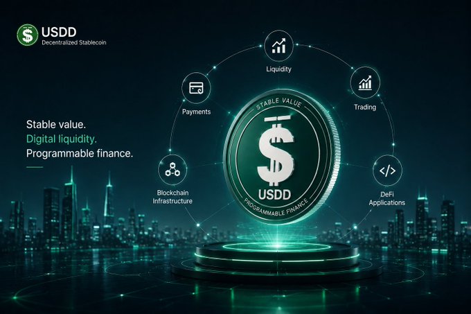 A promotional graphic for 'USDD Decentralized Stablecoin' featuring a glowing coin surrounded by icons labeled 'Liquidity', 'Trading', 'DeFi Applications', 'Blockchain Infrastructure', and 'Payments', with the tagline 'Stable value. Digital liquidity. Programmable finance.'