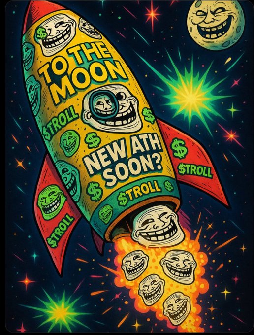 A vibrant, psychedelic illustration of a yellow rocket ship labeled 'TO THE MOON' and 'NEW ATH SOON?' blasting off, decorated with troll faces, dollar signs, and the word '$TROLL', set against a starry space background with a smiling moon.