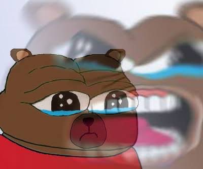 A sad, crying cartoon bear character is depicted with large tearful eyes and a distressed expression, serving as a visual metaphor for the crypto market's reaction to Jim Cramer's announcement to "sell" all his Bitcoin, reflecting bearish sentiment.