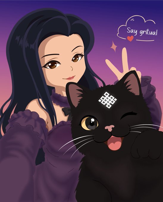 The image features a girl posing with her cat, both of them smiling for the camera. The girl is wearing a purple dress, while the cat has a white nose. In the background, there are two stars that appear to be floating above the cat's head. The caption at the bottom of the image reads: "say ingratual" and includes a heart symbol.