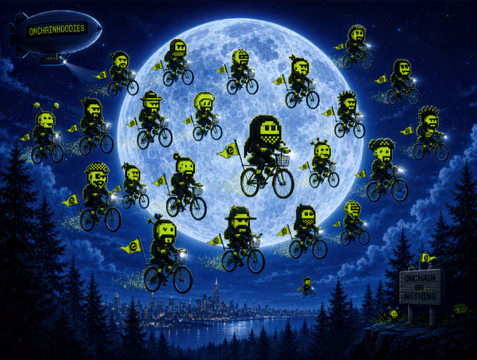 Pixel-art image titled 'ONCHAINNOODLES' showing green pixel characters on bicycles with yellow flags flying in front of a large full moon over a city.