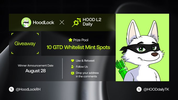 A giveaway banner for HoodLock x HOOD L2 Daily featuring 10 GTD Whitelist Mint Spots, with a winner announcement date of August 28, instructions to like, retweet, follow, and drop address in comments, alongside an illustrated white fox character with a black mask holding green cash, tagged @HoodLockRH and @HOODdailyTK.