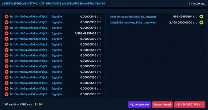A dark cryptocurrency transaction interface showing multiple BTC transactions, mostly small amounts around 0.00000546 BTC, with one large 3,400 BTC transaction, dated 1 minute ago.
