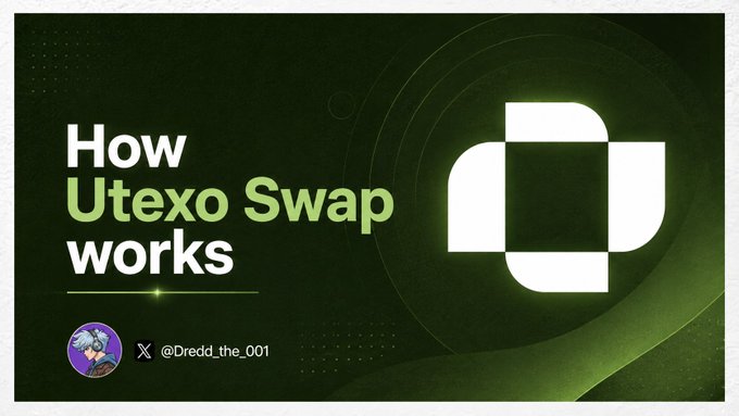 A dark green banner features the headline "How Utexo Swap works" in white and green text alongside a white geometric logo, with the creator's handle "@Dredd_the_001" displayed below, introducing a post explaining how Utexo Swap enables cross-chain cryptocurrency exchanges (like BTC to USDT) via the HotPot intent protocol.