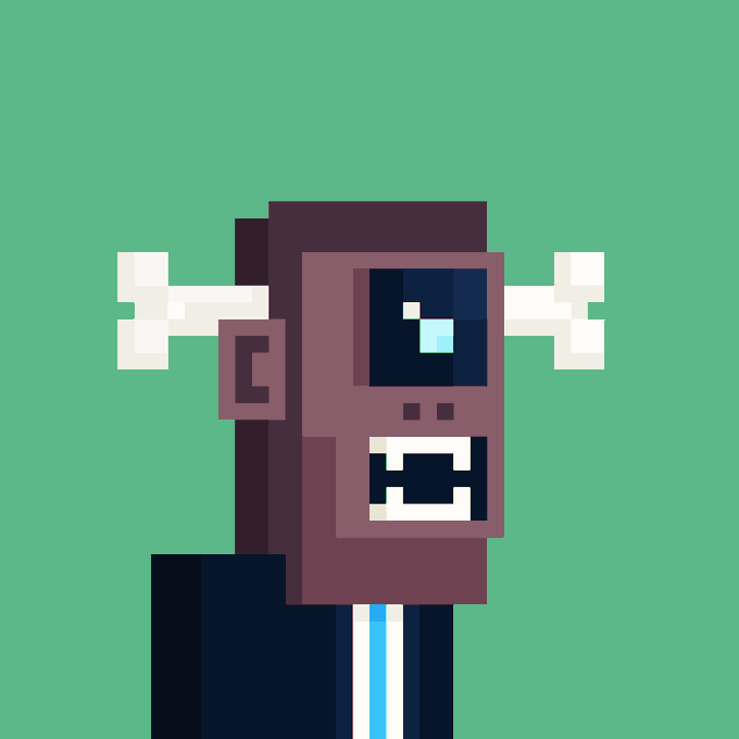 Pixel art of a purple-skinned character with a bone through its nose, depicted from the chest up against a solid green background.
